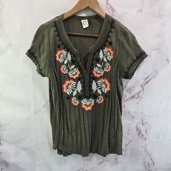 Anthropologie Top Womens Small Green Army Military Embroidered Notch Akemi Kin - Picture 1 of 11